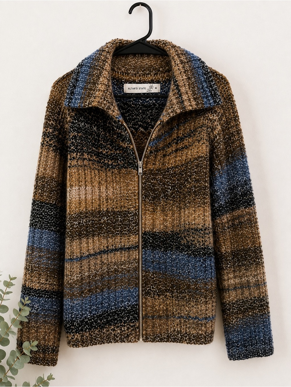 Altar'd State Striped Brown and Blue Zip-Up Teddy Jacket